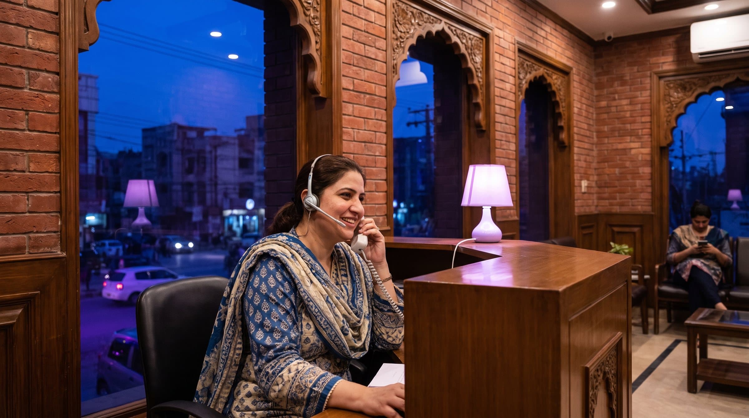 لاہور کے ایک کلینک کے استقبالیے پر ہیڈسیٹ لگائے ریسپشنسٹ فون کا جواب دے رہی ہیں، اینٹوں کی دیواریں اور مغل طرز کی محرابیں، کھڑکی سے شام کا نیلا آسمان